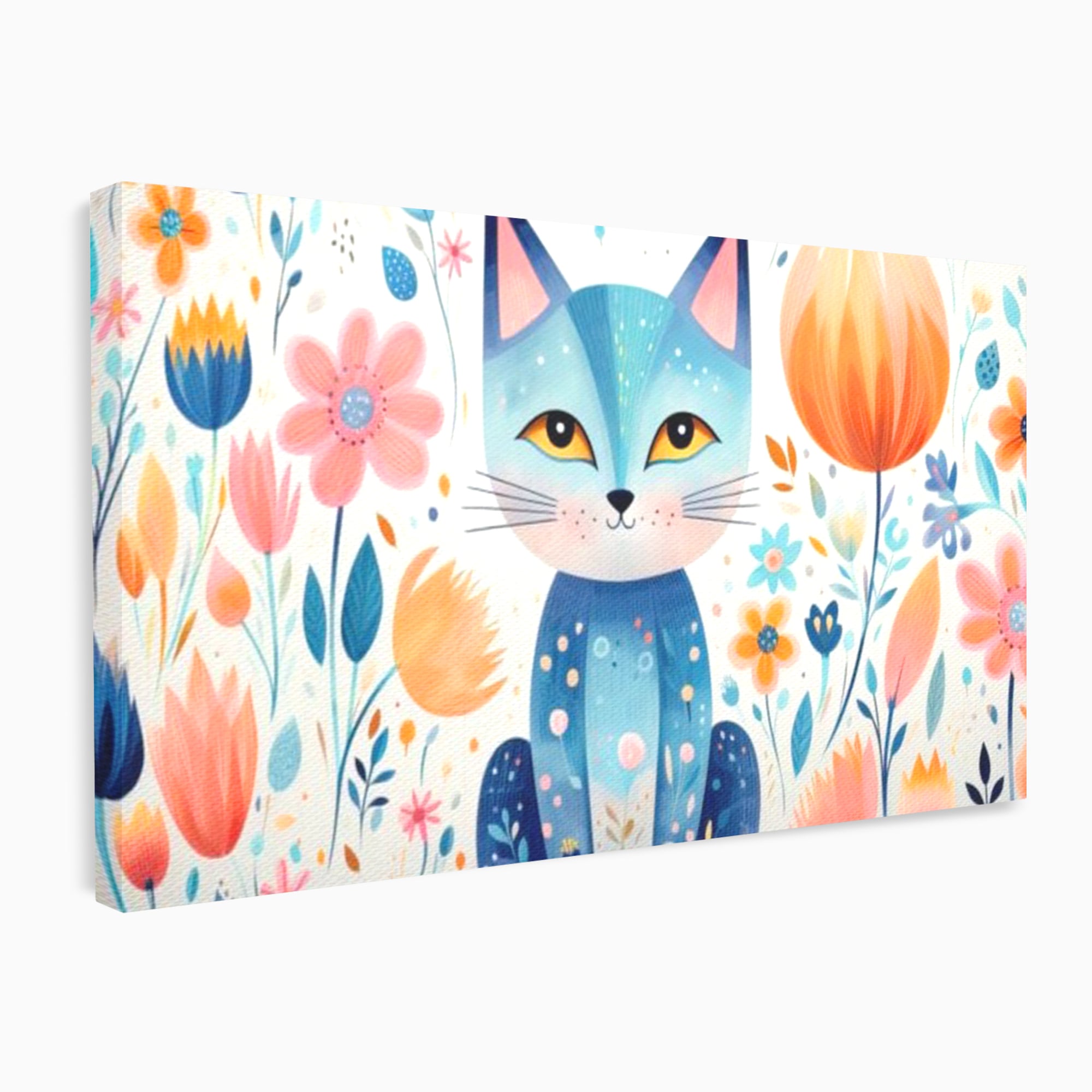 Tablou canvas cu ilustratie digitala cu pisica albastra si flori, fara rama, pe sasiu de lemn